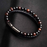 Bracelet Anti-Stress <br>Cuir, Obsidienne Noir et Oeil de Tigre Rouge - Shop Antistress