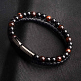 Bracelet Anti-Stress <br>Cuir, Obsidienne Noir et Oeil de Tigre Rouge - Shop Antistress