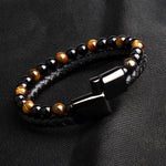 Bracelet Anti-Stress <br>Cuir, Obsidienne Noir et Oeil de Tigre - Shop Antistress